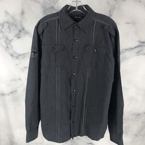 CJ Black Mens L Large Long Sleeve Slim Shirt Black Grey Striped Button Up